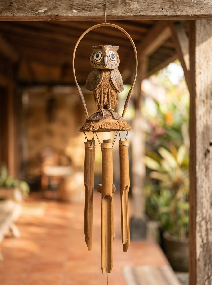 Hand-Carved Baby Owl Wind Chime (30cm)